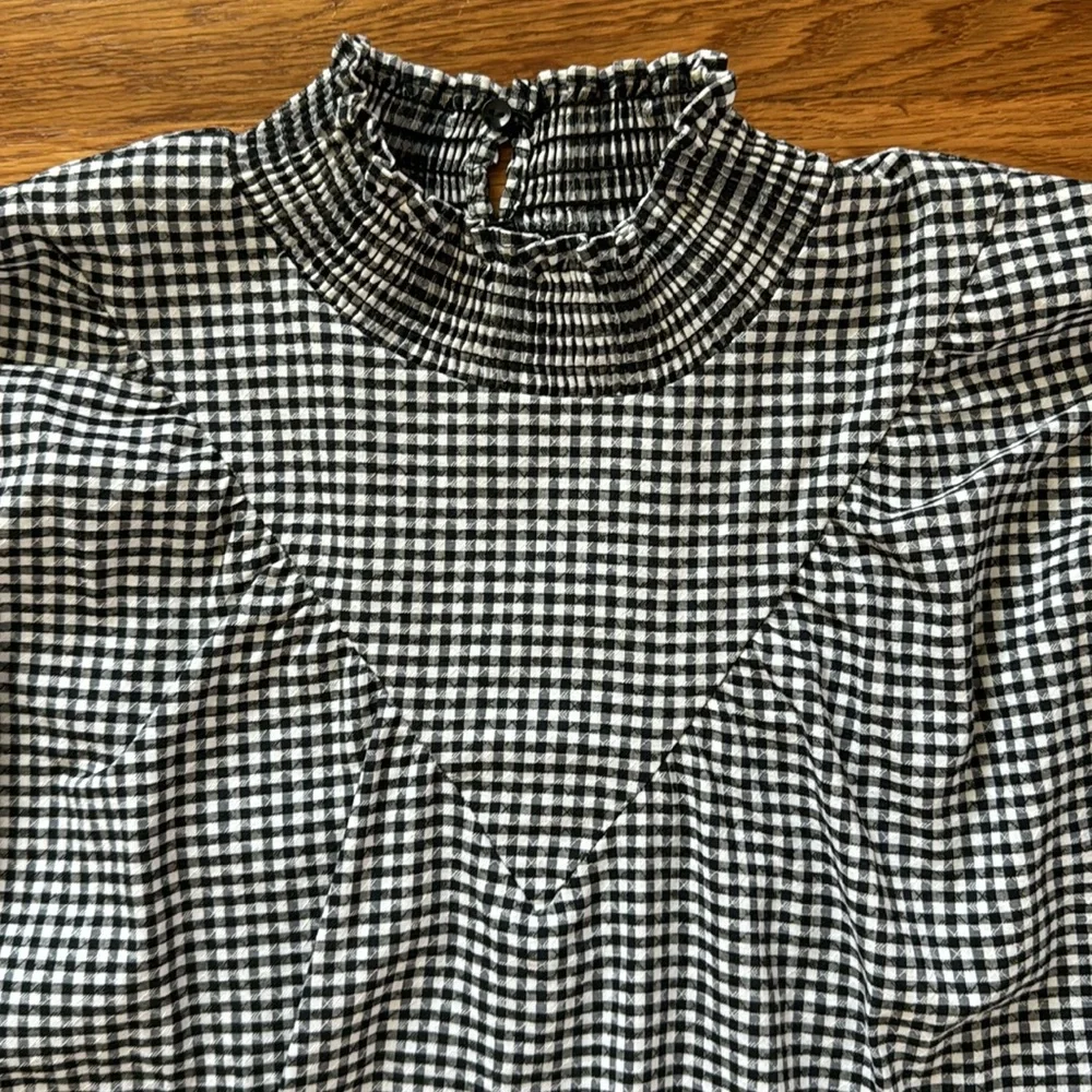 Zara Gingham Puff Sleeve Mock Neck Blouse